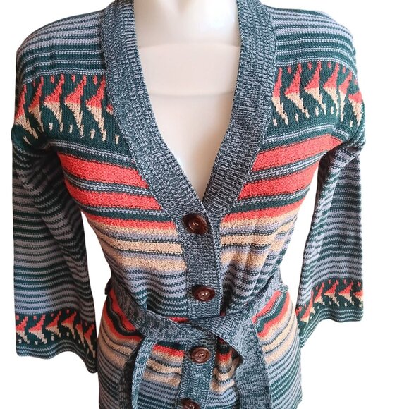 Vintage True Boho Jantzen Striped Knit Cardigan Belted Waist Wooden Buttons 70's - Picture 1 of 7